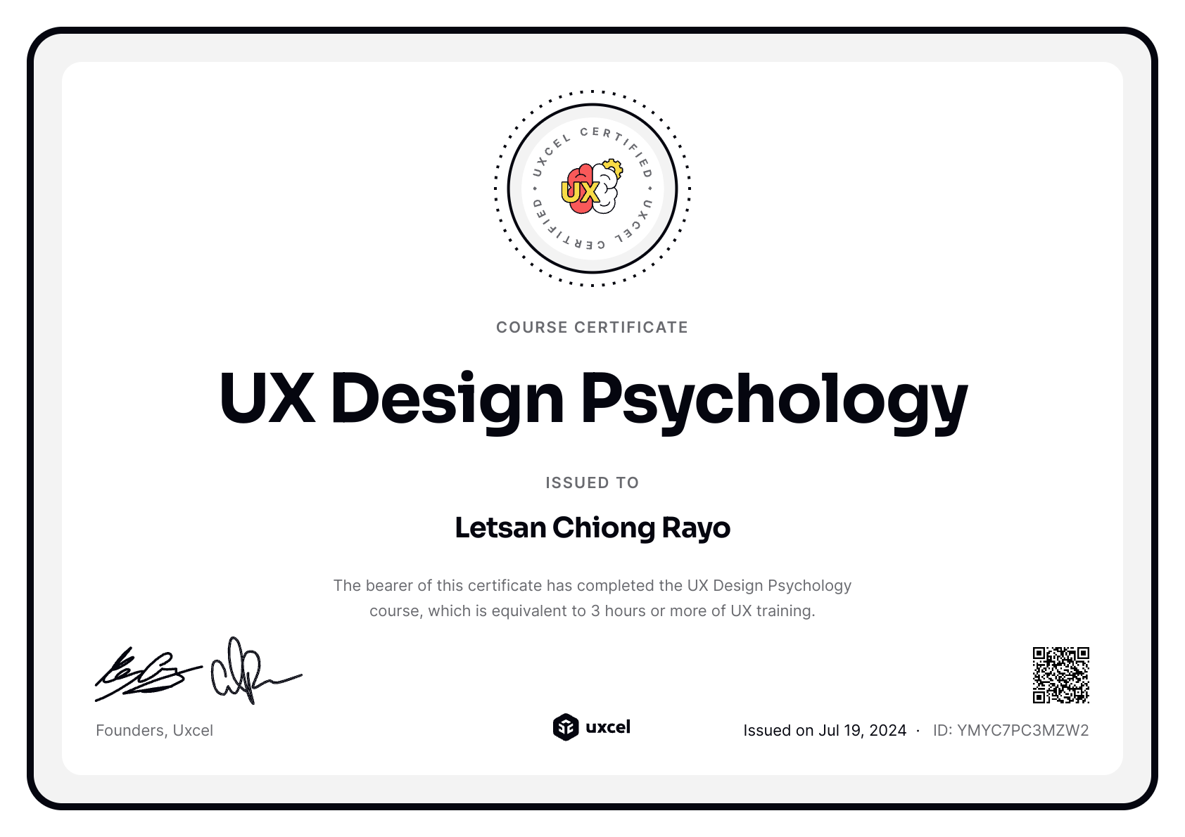 Letsan Chiong Rayo's certificate
